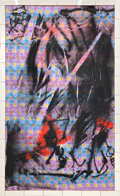 Mateusz von Motz: California Dreams, 2021, 
printed hotel sheet, tiles, oil, wood, 206 x 127 x 5 cm

